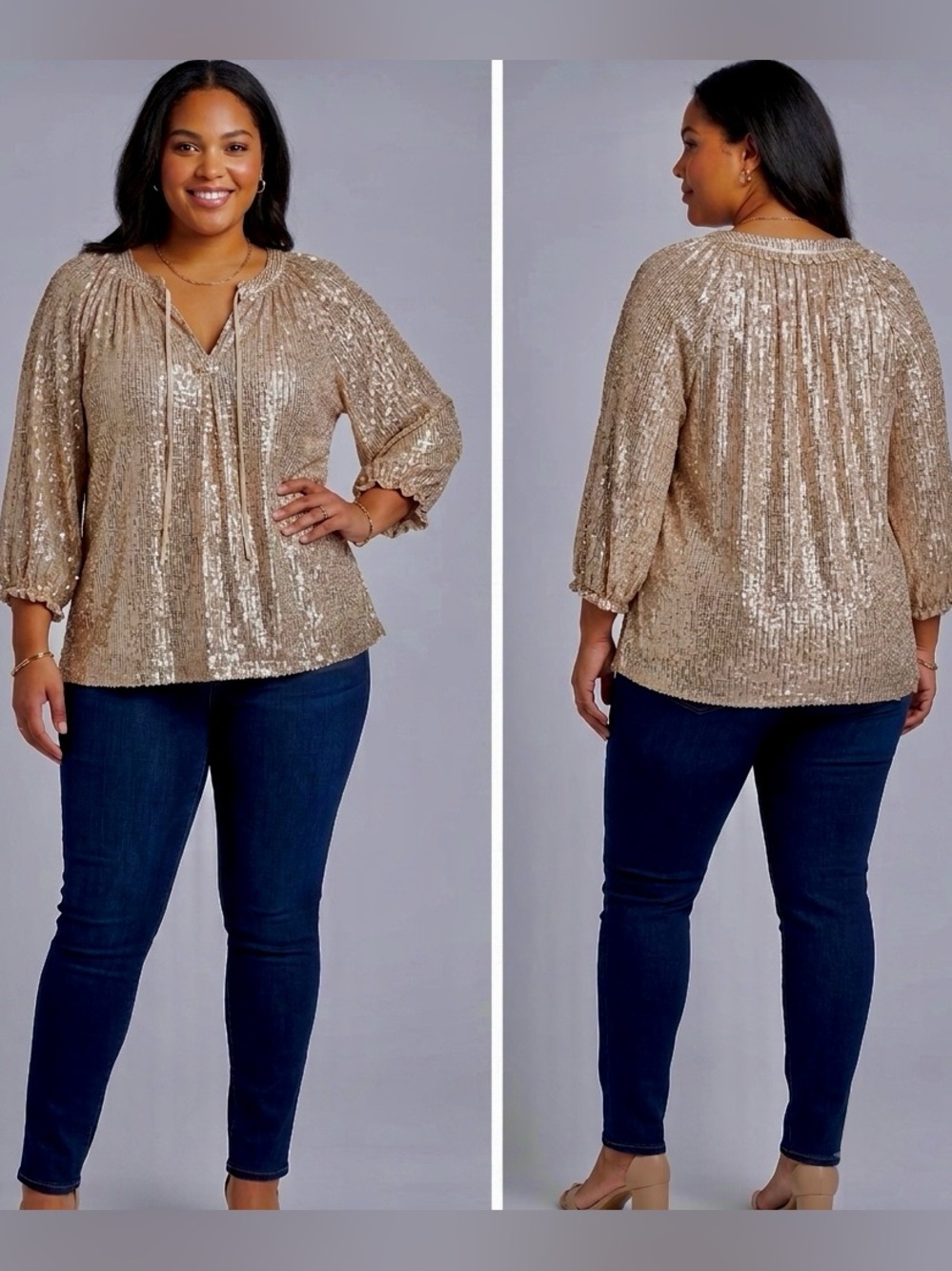 Crown & Ivy Champagne Sequin Peasant Blouse Size Large